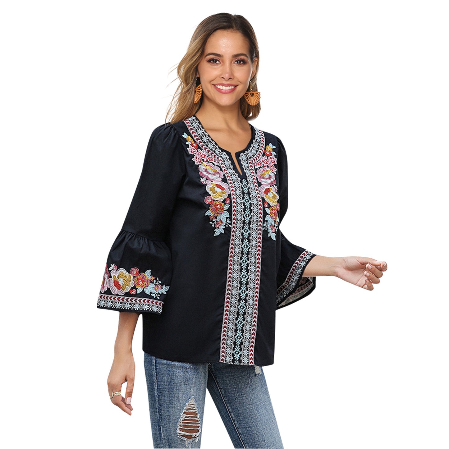 Flower Embroidery Women's Black Ruffled T Shirt