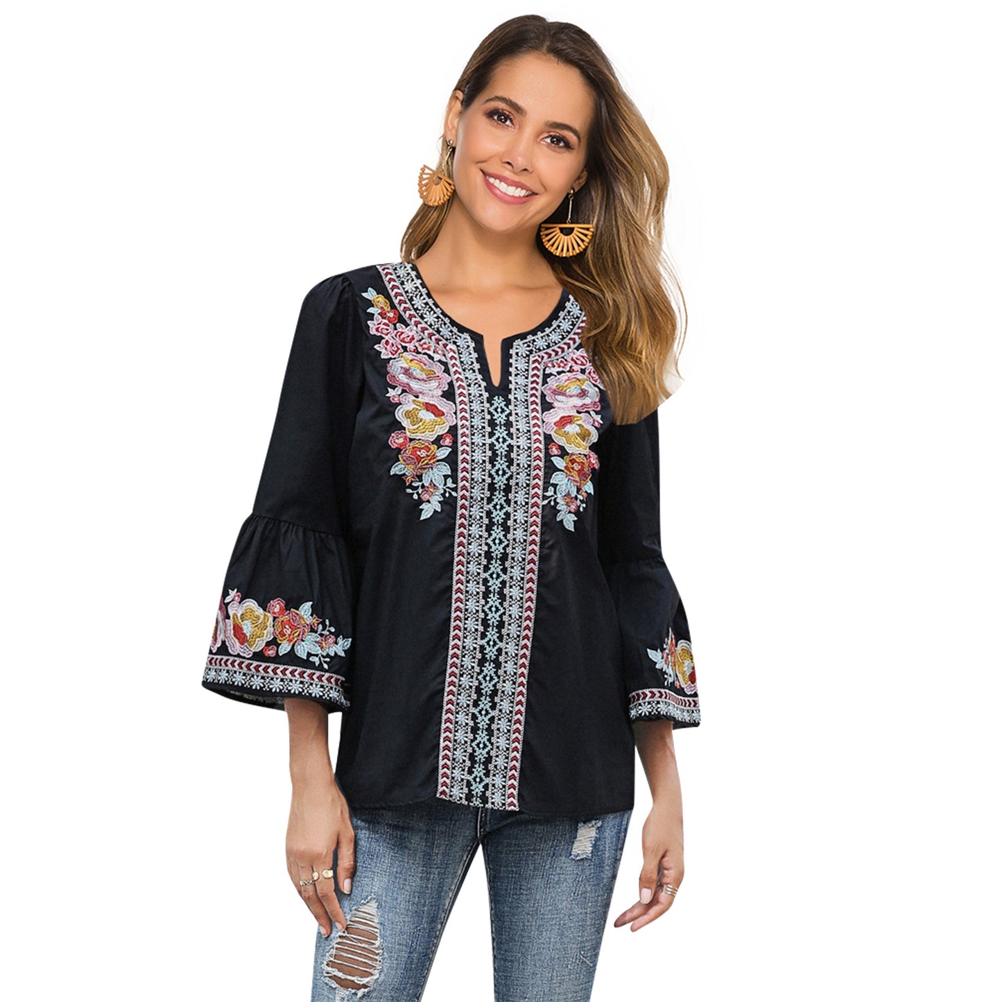 Flower Embroidery Women's Black Ruffled T Shirt
