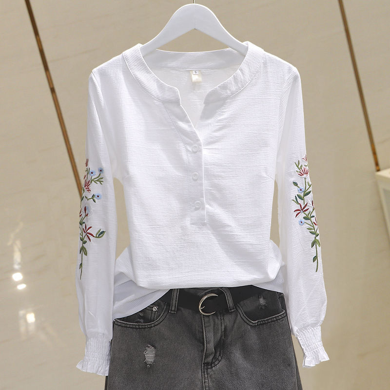 V-neck Embroidery Pleating Long Sleeve