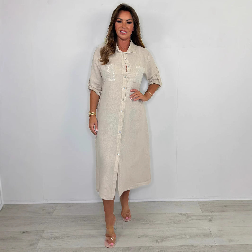Women's Cotton And Linen Sequined Pocket Dress