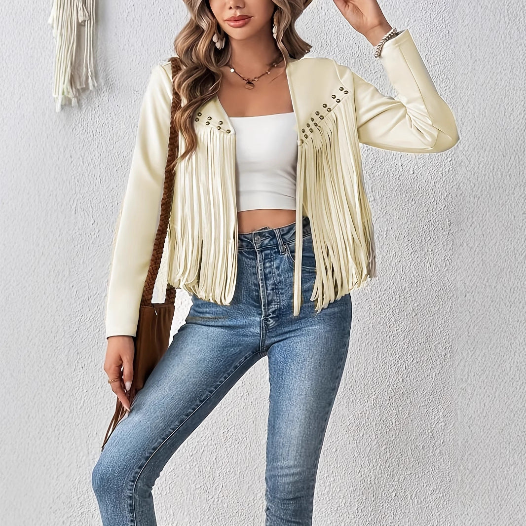 Women's Elegant Tassel Trimmed Front Open Jacket