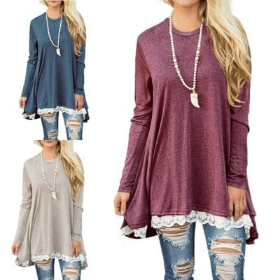 Autumn and winter lace stitching T-shirt dress