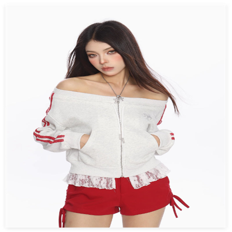 Contrasting Color Design Short One Shoulder Sweatshirt