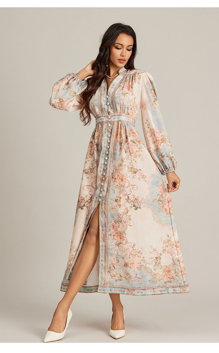 Special V-neck Vintage Printed Maxi Dress For Women