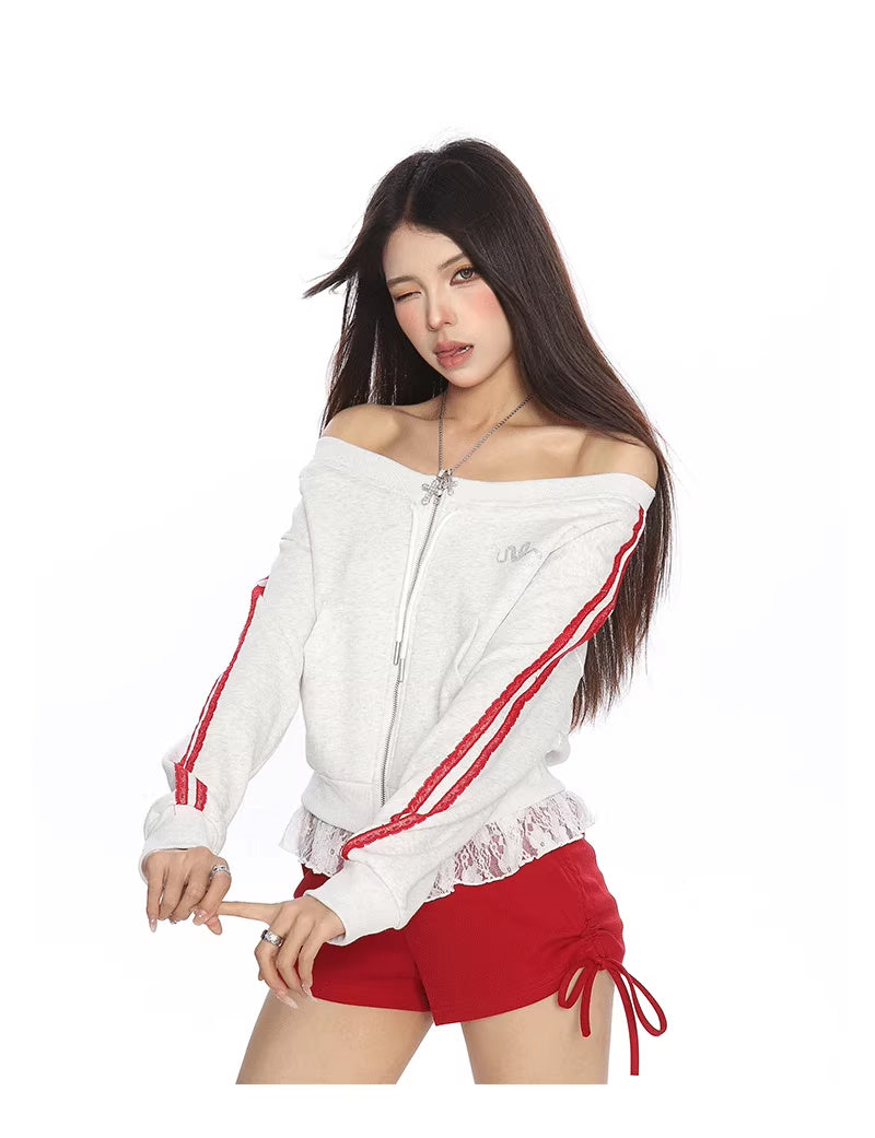 Contrasting Color Design Short One Shoulder Sweatshirt