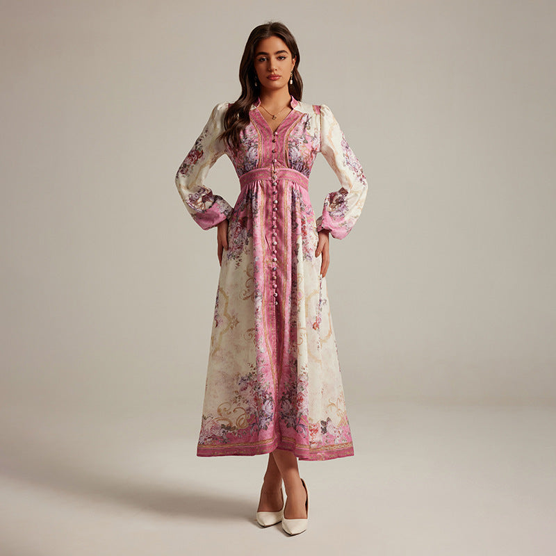 Special V-neck Vintage Printed Maxi Dress For Women