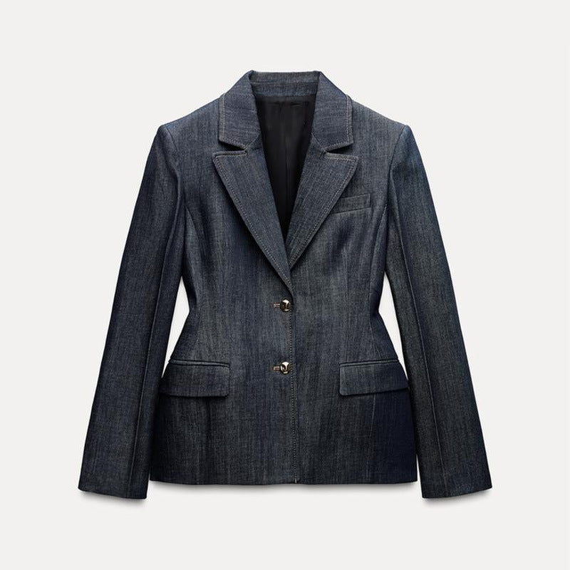 Dark Blue Temperament Waist-controlled Denim Suit