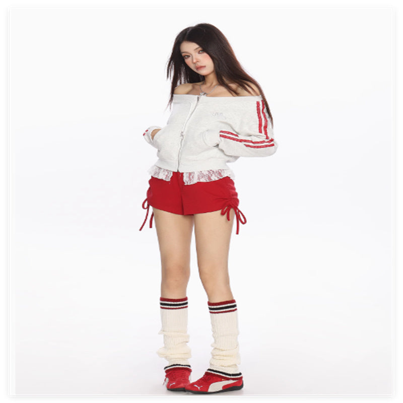 Contrasting Color Design Short One Shoulder Sweatshirt