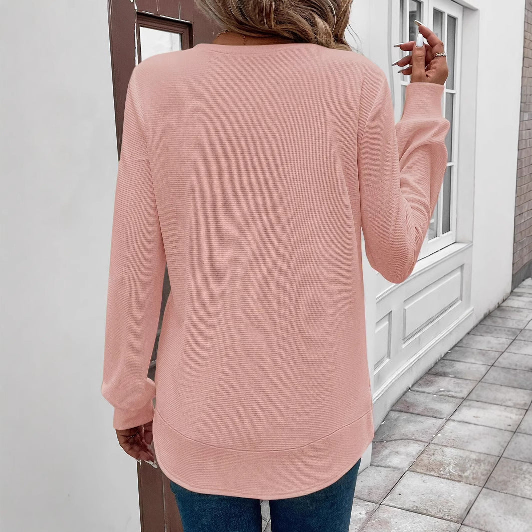 Long Sleeve Top Waffle T-shirt For Women