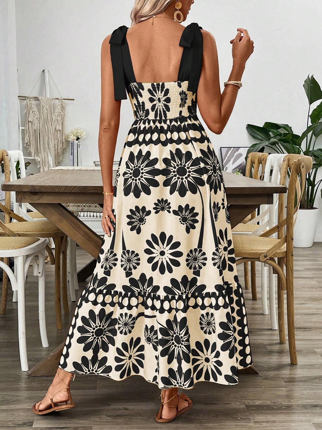 Floral Print Shoulder Tie Waist Suspender Dress