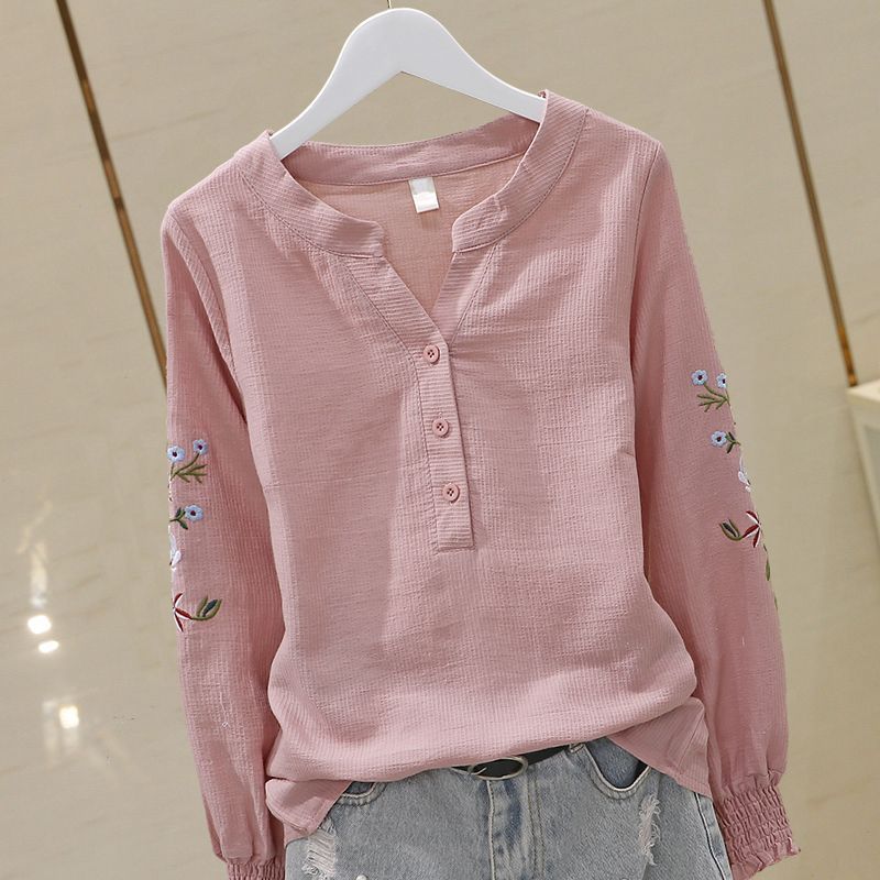 V-neck Embroidery Pleating Long Sleeve