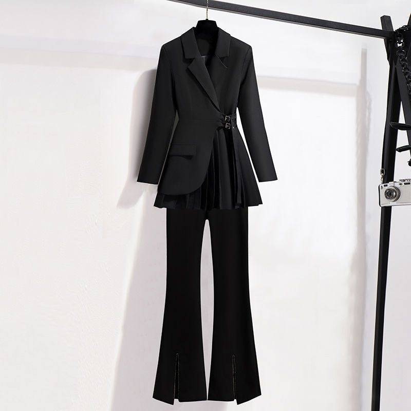 Lapel Design Pleated Skirt Black Suit Jacket
