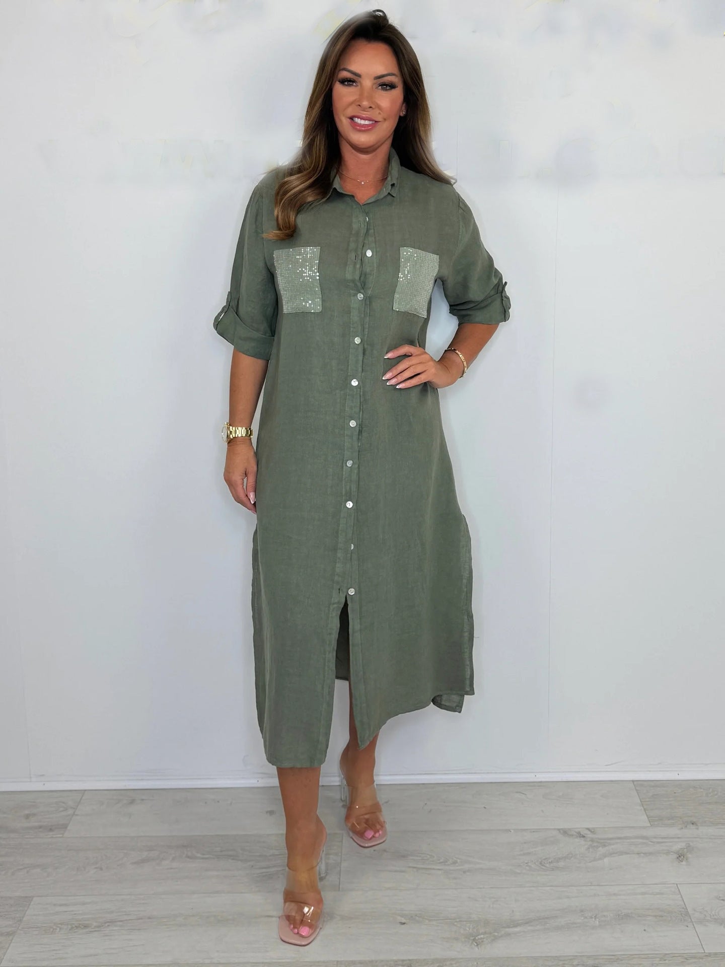 Women's Cotton And Linen Sequined Pocket Dress