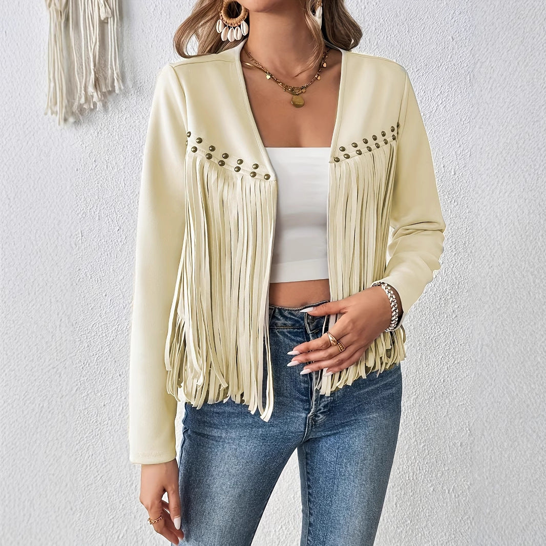 Women's Elegant Tassel Trimmed Front Open Jacket