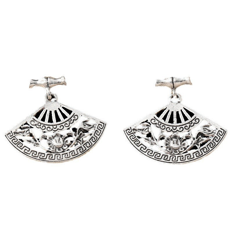 Retro Hollow Fan Classical Pattern Silver Stud Earrings