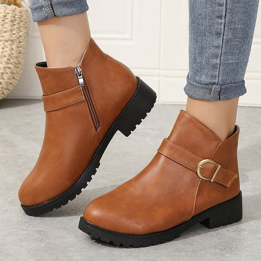 Belt Buckle Zipper Leather Boots
