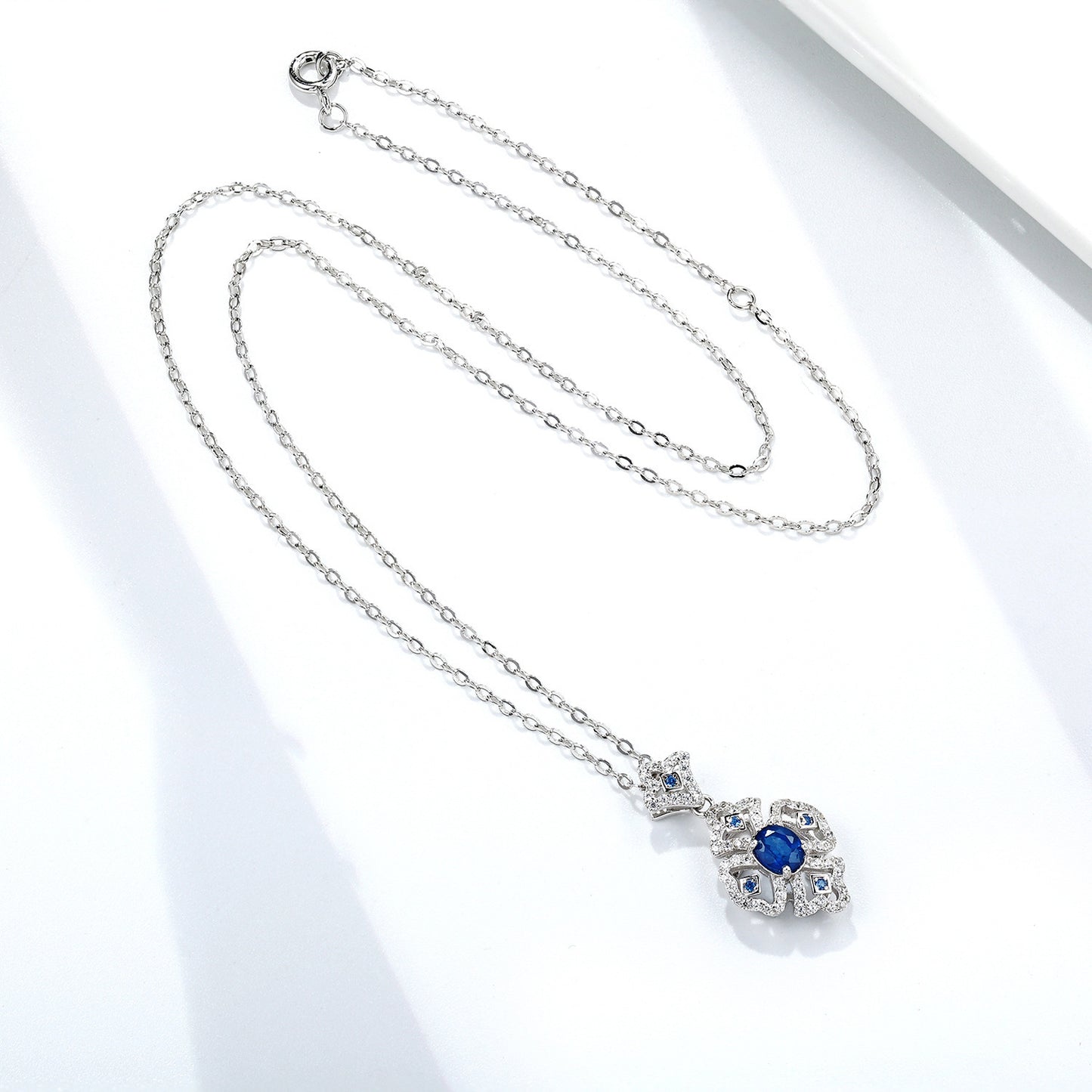 Silver Retro Pattern Necklace Women's Versatile Natural Sapphire Pendant