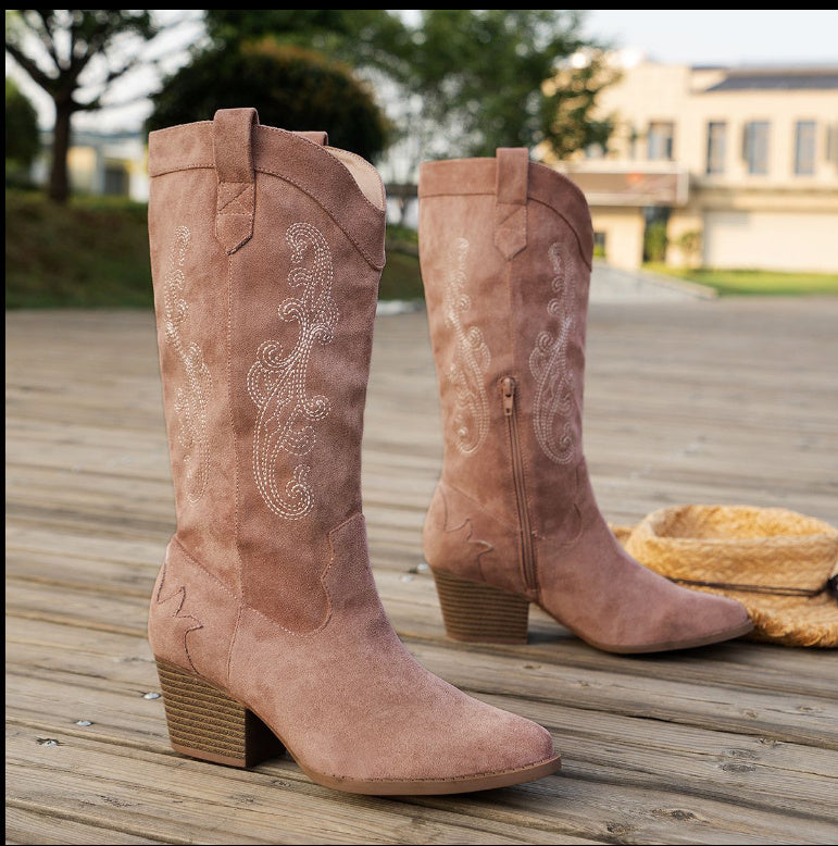 Embroidered Side Zipper Versatile Boots