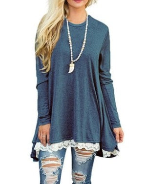 Autumn and winter lace stitching T-shirt dress