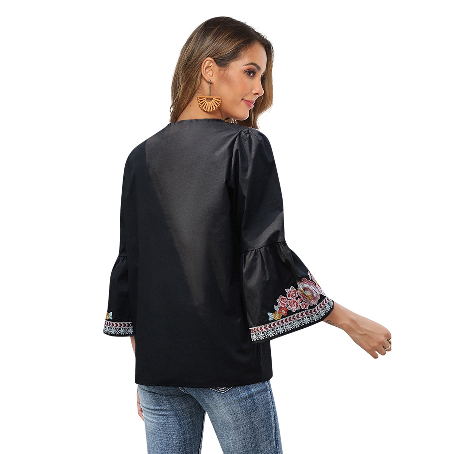 Flower Embroidery Women's Black Ruffled T Shirt