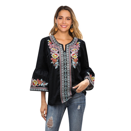 Flower Embroidery Women's Black Ruffled T Shirt