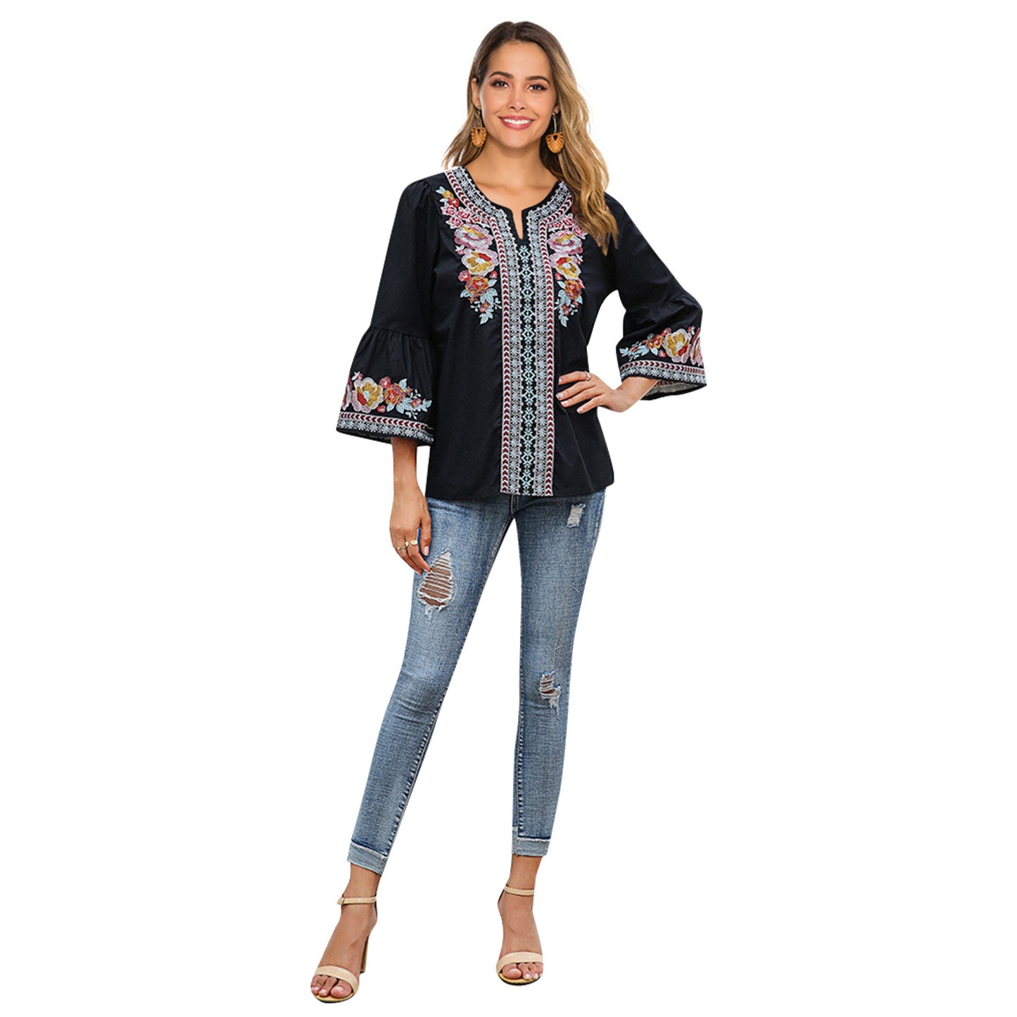 Flower Embroidery Women's Black Ruffled T Shirt