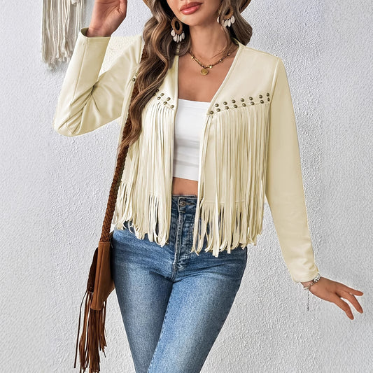 Women's Elegant Tassel Trimmed Front Open Jacket