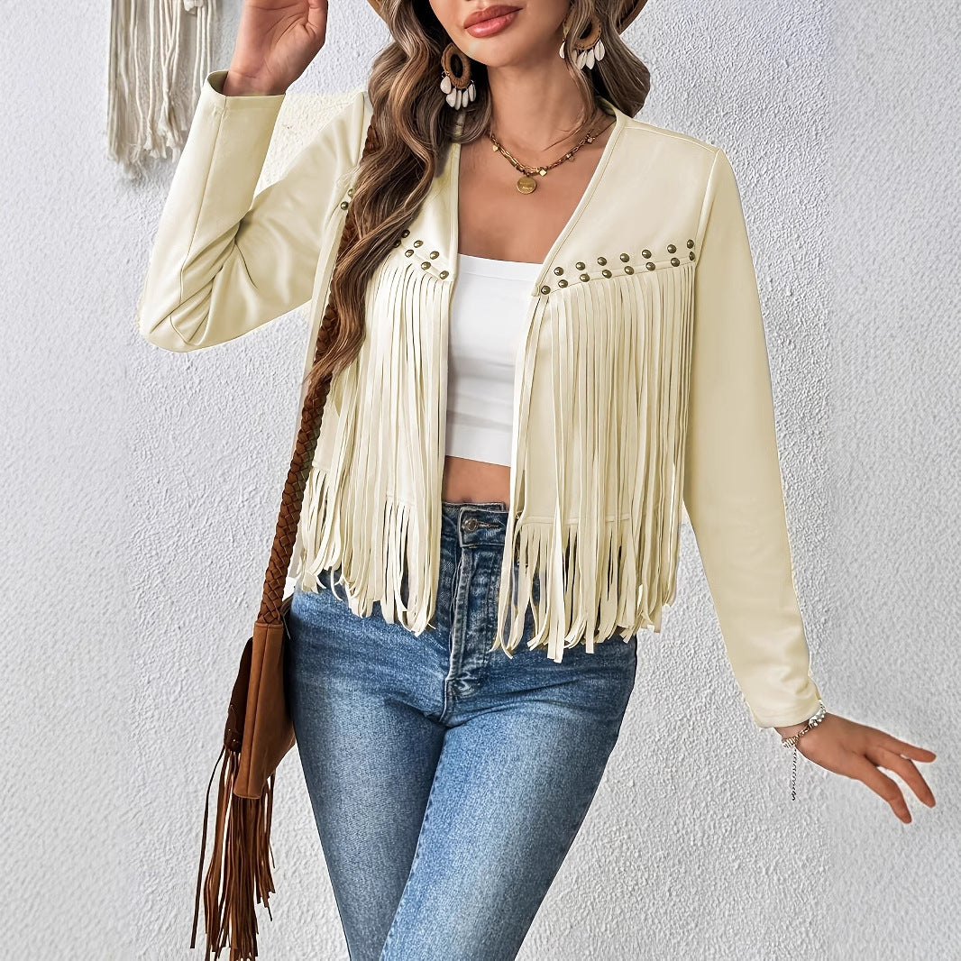 Women's Elegant Tassel Trimmed Front Open Jacket