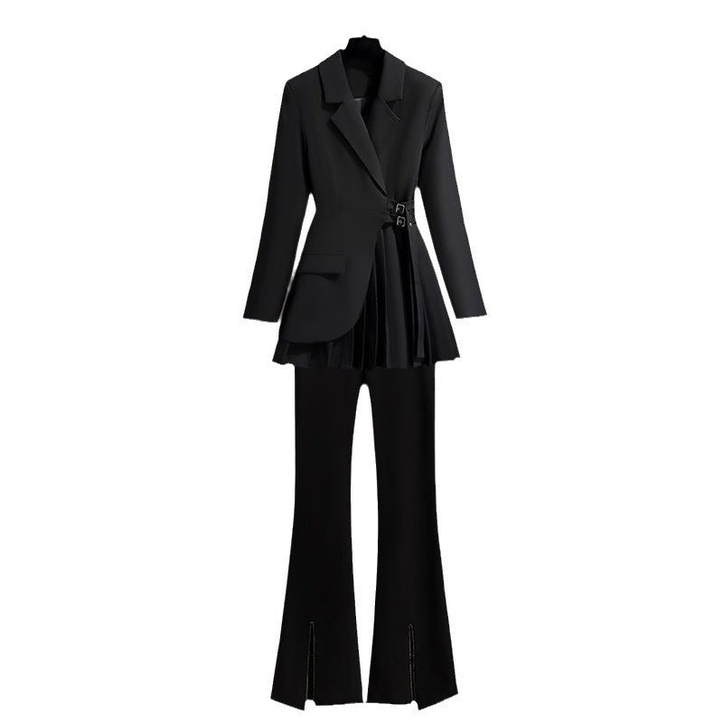Lapel Design Pleated Skirt Black Suit Jacket