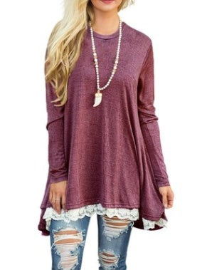 Autumn and winter lace stitching T-shirt dress