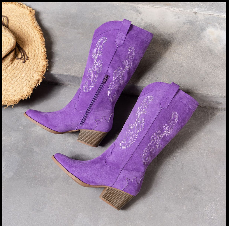 Embroidered Side Zipper Versatile Boots