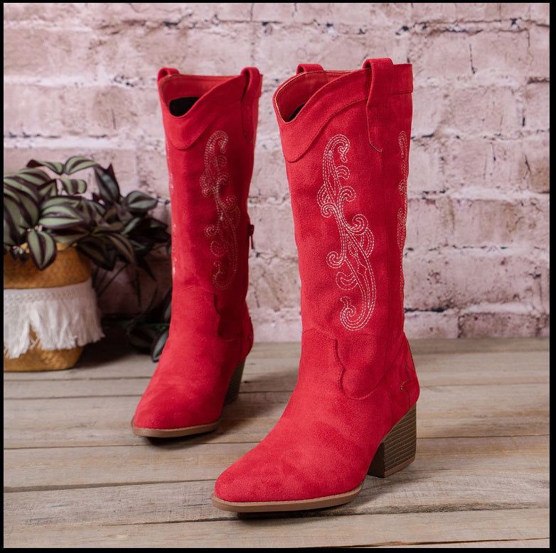 Embroidered Side Zipper Versatile Boots