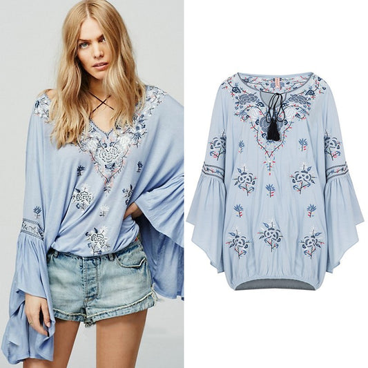 Women's Bohemian V-neck Lace-up Top