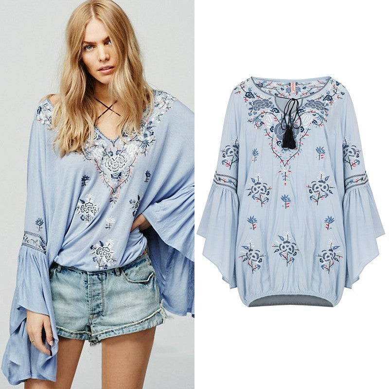 Women's Bohemian V-neck Lace-up Top