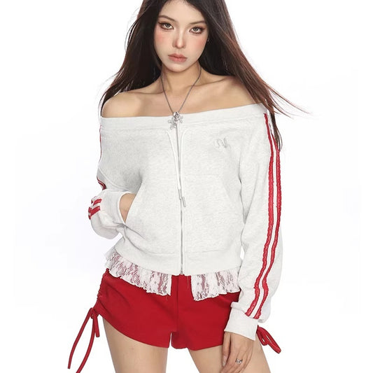 Contrasting Color Design Short One Shoulder Sweatshirt