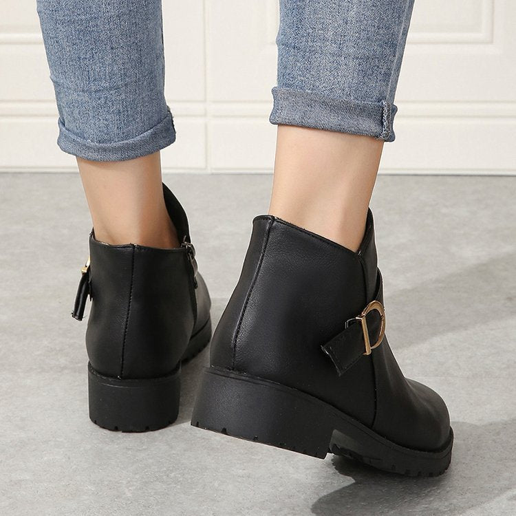 Belt Buckle Zipper Leather Boots