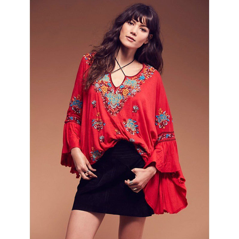 Women's Bohemian V-neck Lace-up Top