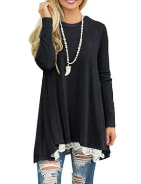 Autumn and winter lace stitching T-shirt dress