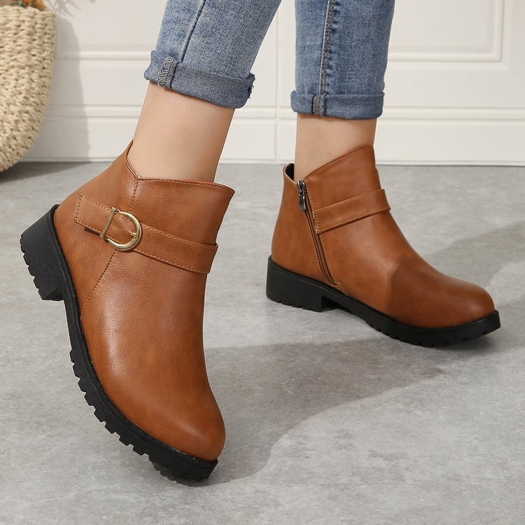 Belt Buckle Zipper Leather Boots
