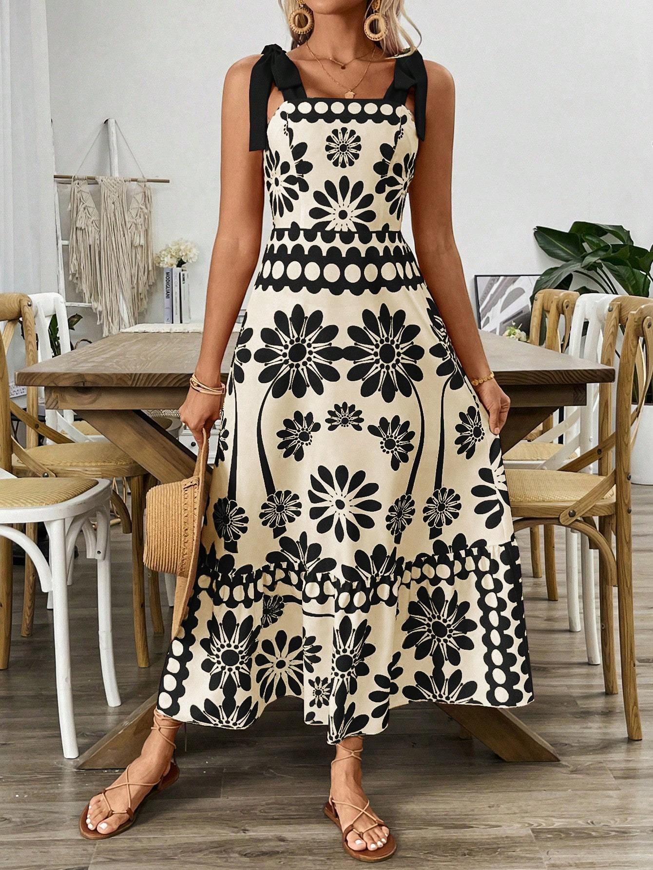 Floral Print Shoulder Tie Waist Suspender Dress