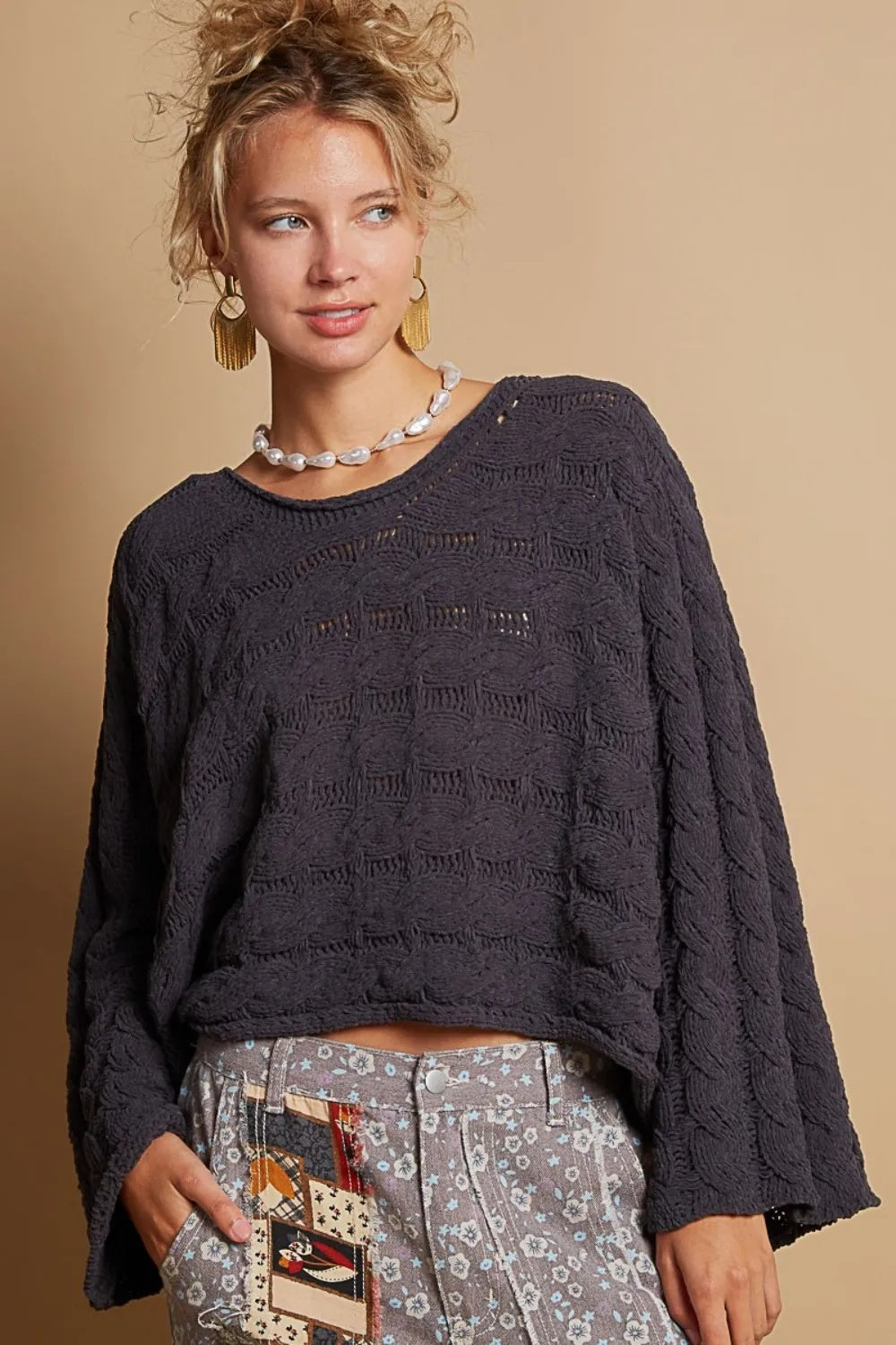 Neck Cable Knit Cropped Sweater
