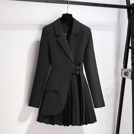 Lapel Design Pleated Skirt Black Suit Jacket
