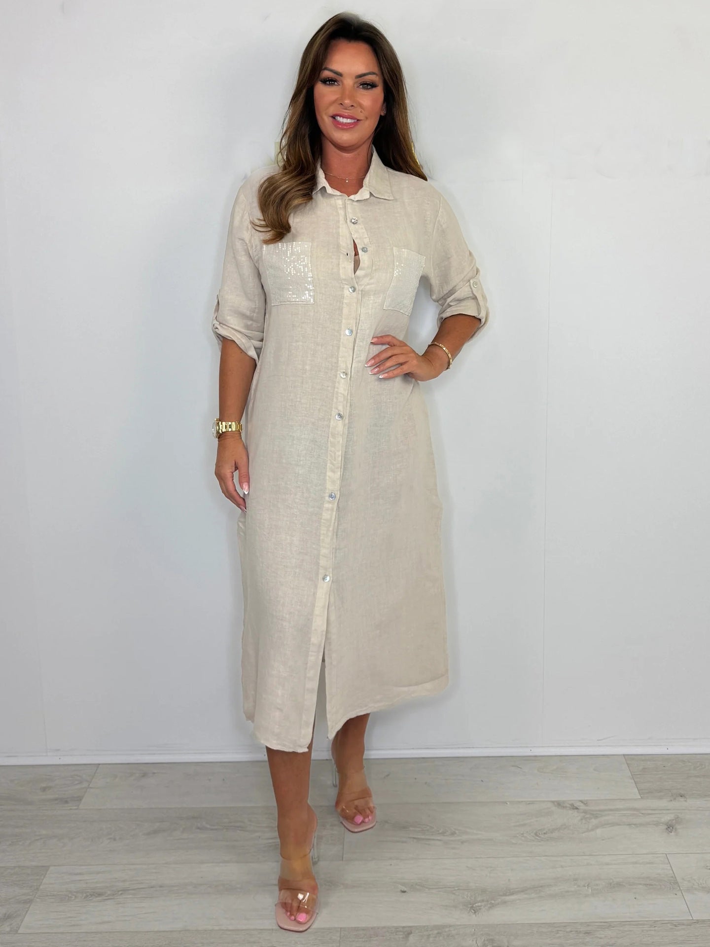 Women's Cotton And Linen Sequined Pocket Dress