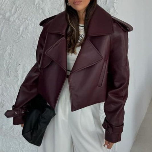 Solid Color Leather Coat