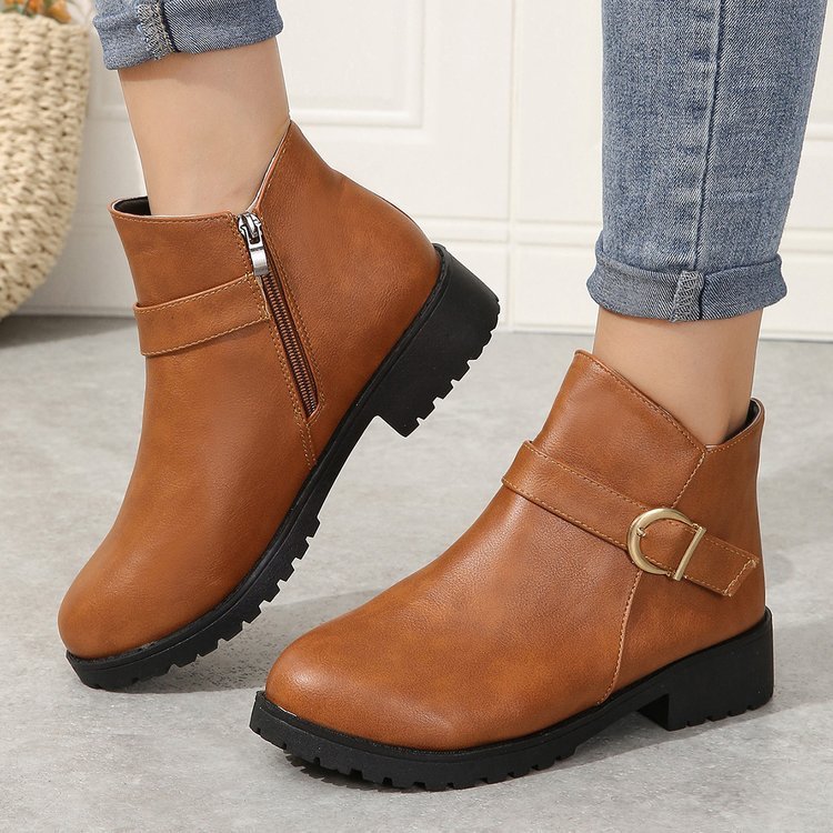 Belt Buckle Zipper Leather Boots