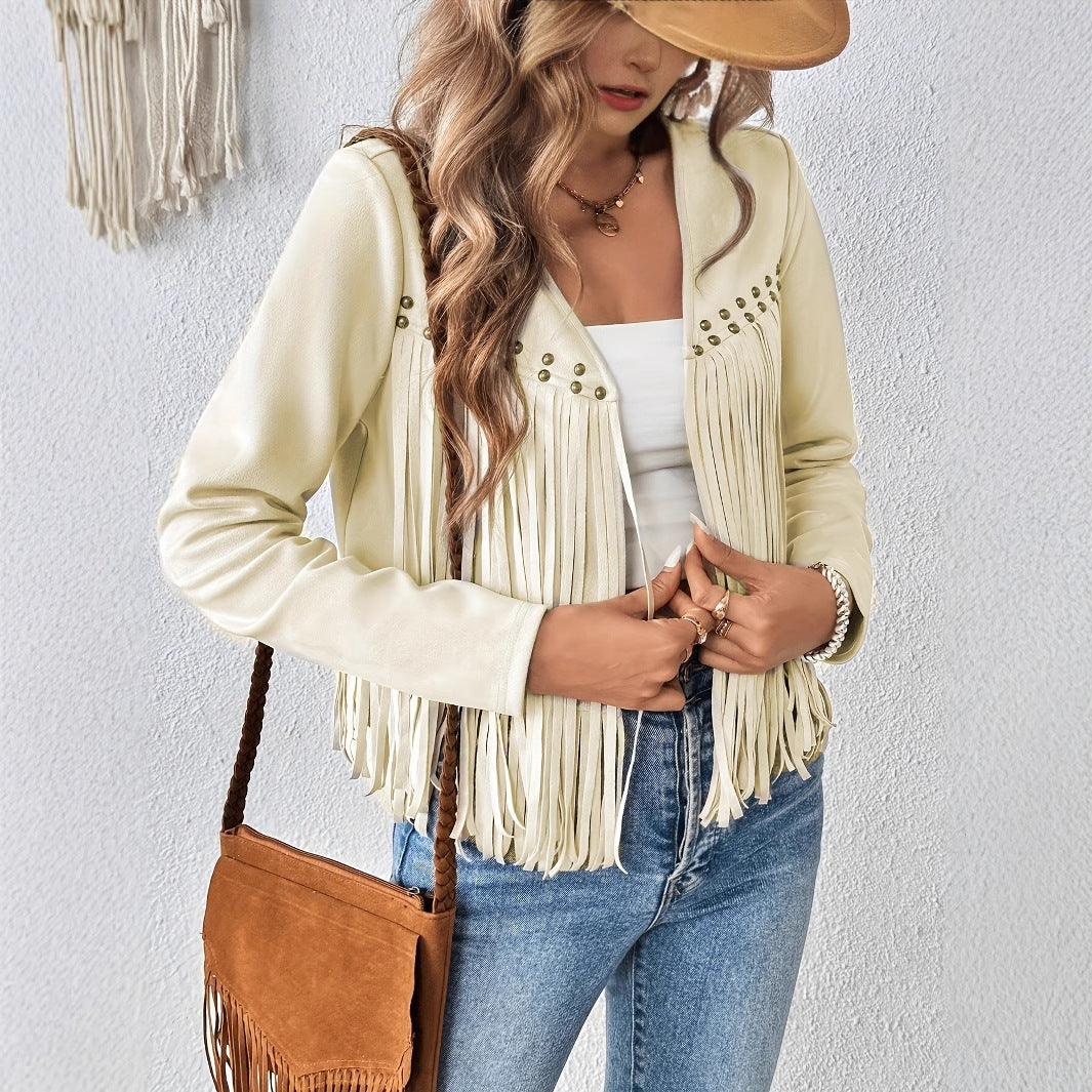 Women's Elegant Tassel Trimmed Front Open Jacket