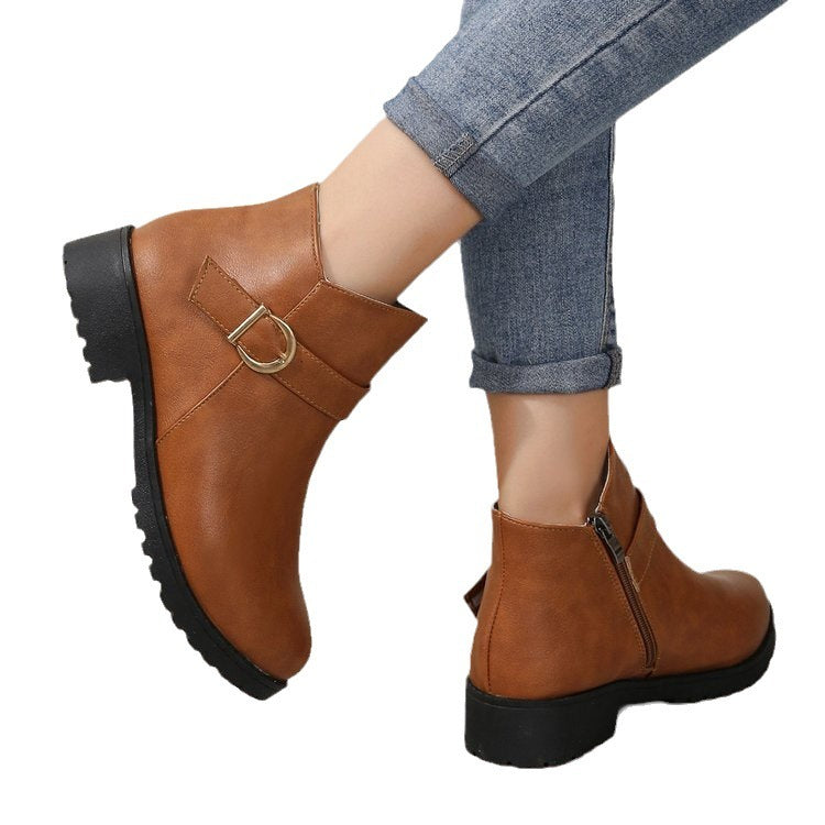 Belt Buckle Zipper Leather Boots