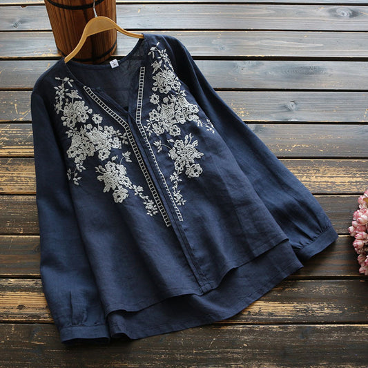 V-Neck T-Shirt Vintage Embroidered Blouse