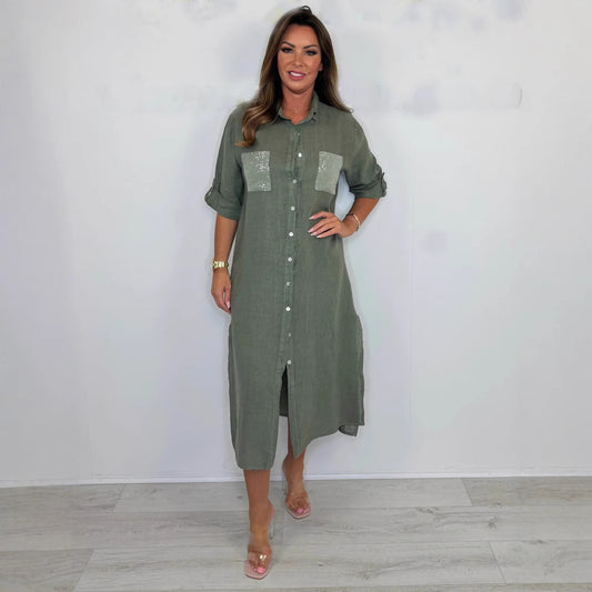Women's Cotton And Linen Sequined Pocket Dress