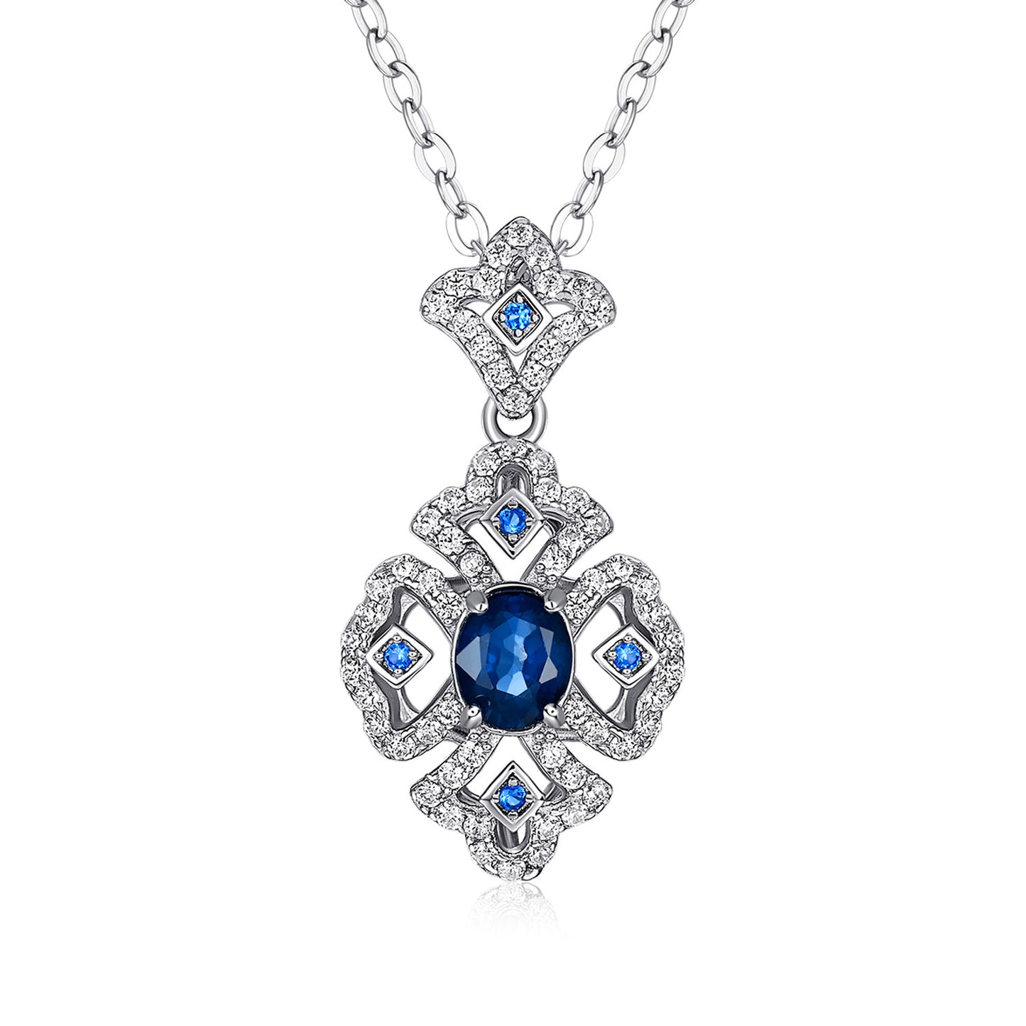 Silver Retro Pattern Necklace Women's Versatile Natural Sapphire Pendant